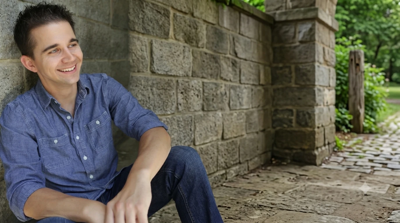 Lee Huff seated beside a stone wall