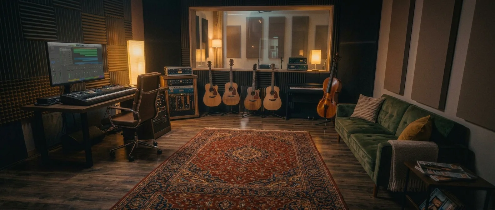 A warmly lit recording studio with instruments and production equipment